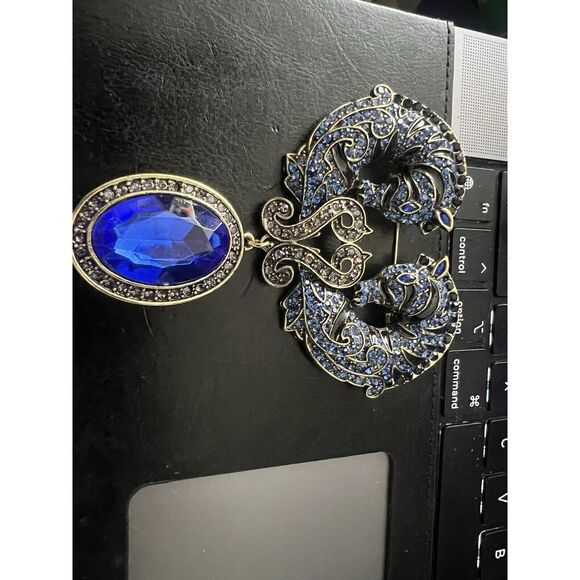 old money glam retro large‎ 4'' double Horse rhinestone State pin brooch 4 x 3'' - Picture 7 of 13